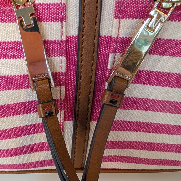 Tommy Hilfiger Women's Pink & White Stripe Satchel With Zips - Picture 2 of 14